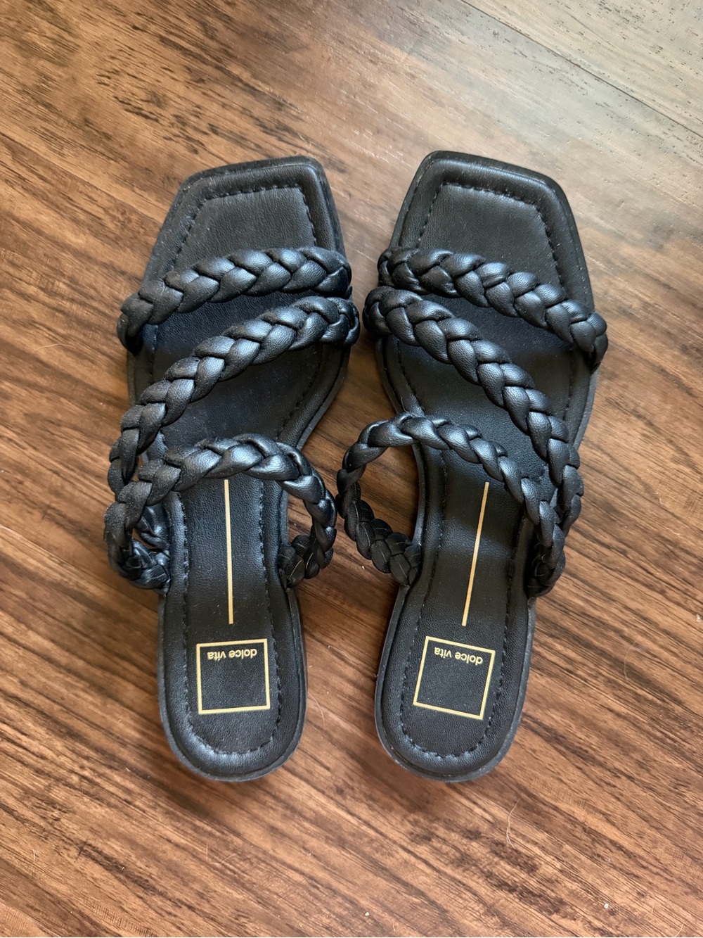 Dolce Vita Black Braided Strap Square-Toe Slide Sandals
